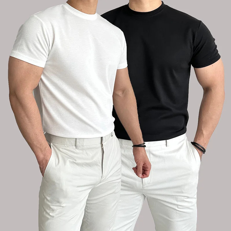 High quality mens short sleeve training T-shirt high elastic cotton breathable quick drying round neck solid color Tops 250715