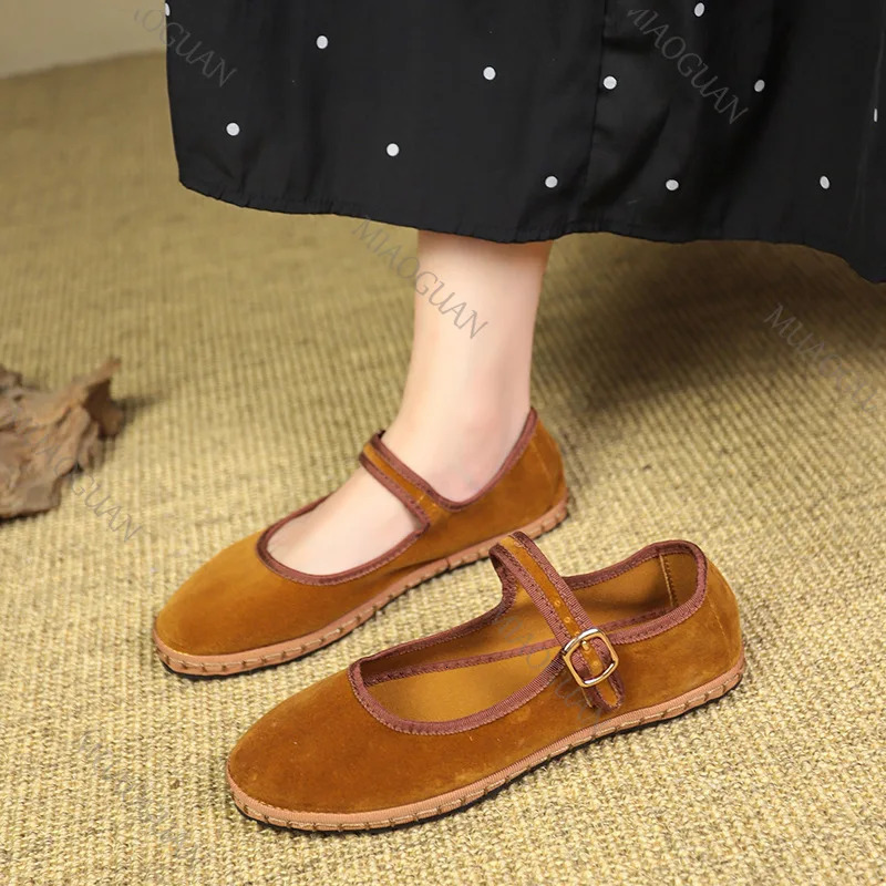 Retro Flat Suede Shoes for Women Casual Spring Belt Buckle Strap Womens Flats Solid Round Toe Shallow Soft Bottom Ladies Shoes 250712