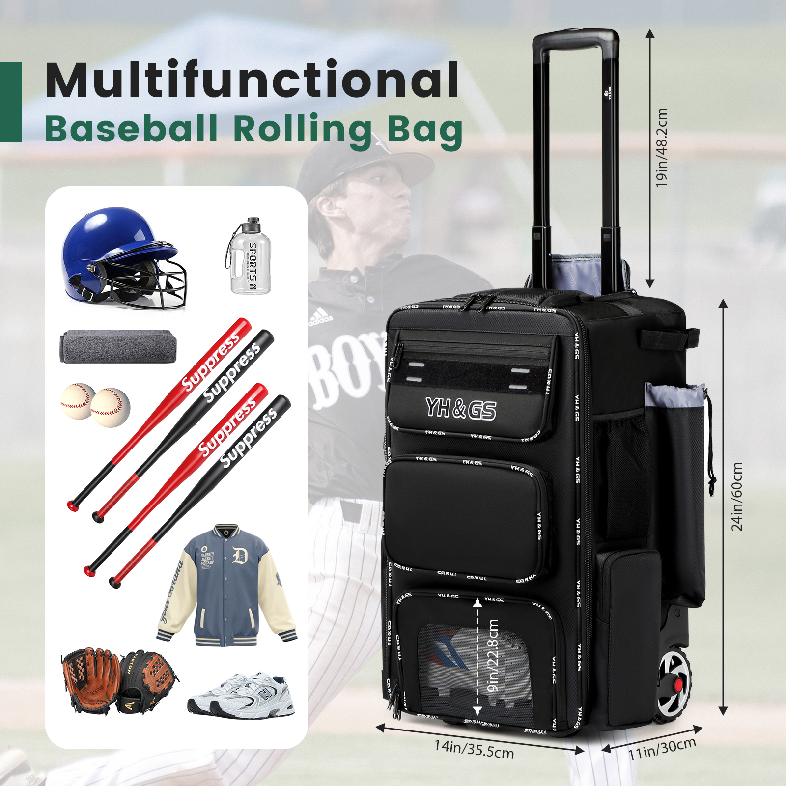 Rolling Baseball Bag,Wheeled Softball Bag with Fence Hook for TBall Bat & Equipment,Lightweight Baseball Bat Bag with Shoe Compartment