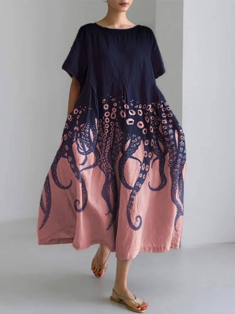 Summer Retro Japanese Womens Casual Short-sleeved Extra-long Fish Print Loose Round Neck High Waist Wide Hem Dress dongdumaoyi