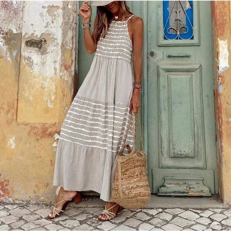 Maxi Long Dress Women Mom Boho Round Neck Sling Dresses Striped Sleeveless Summer Streetwear Print Loose Casual Vestidos dongdumaoyi