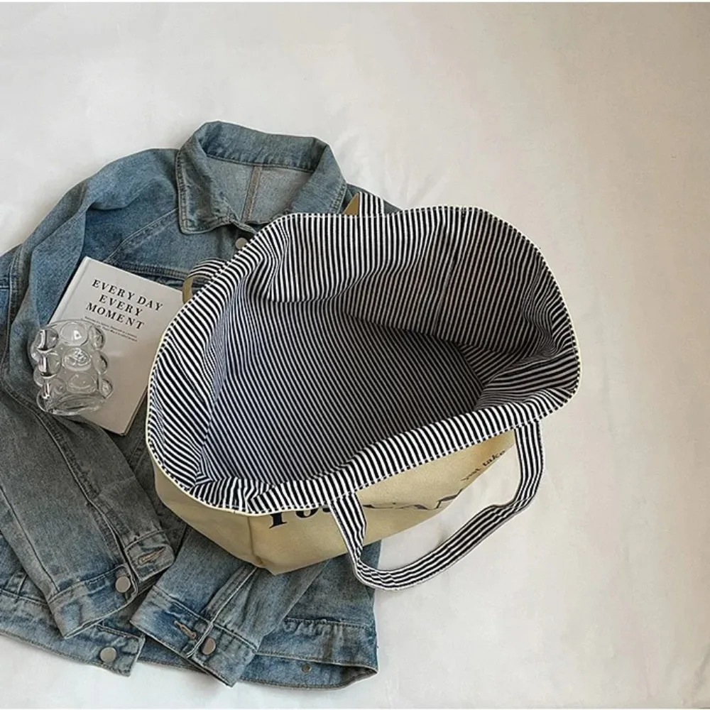 Trendy Versatile Womens Shoulder Bag Canvas Stripe Tote Bag Two-sided Large Capacity Handbag Womens Accessory 250714