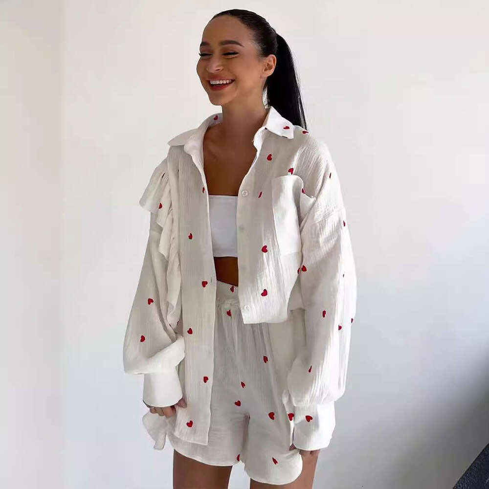 Cotton Gauze Summer Ruffle Design Heart Strawberry Print Shirt Shorts Set B5