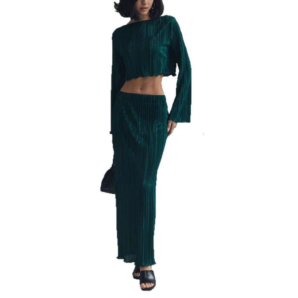 Pleated Spring Summer Bell Sleeve Short Top + Skirt Set For Women B5