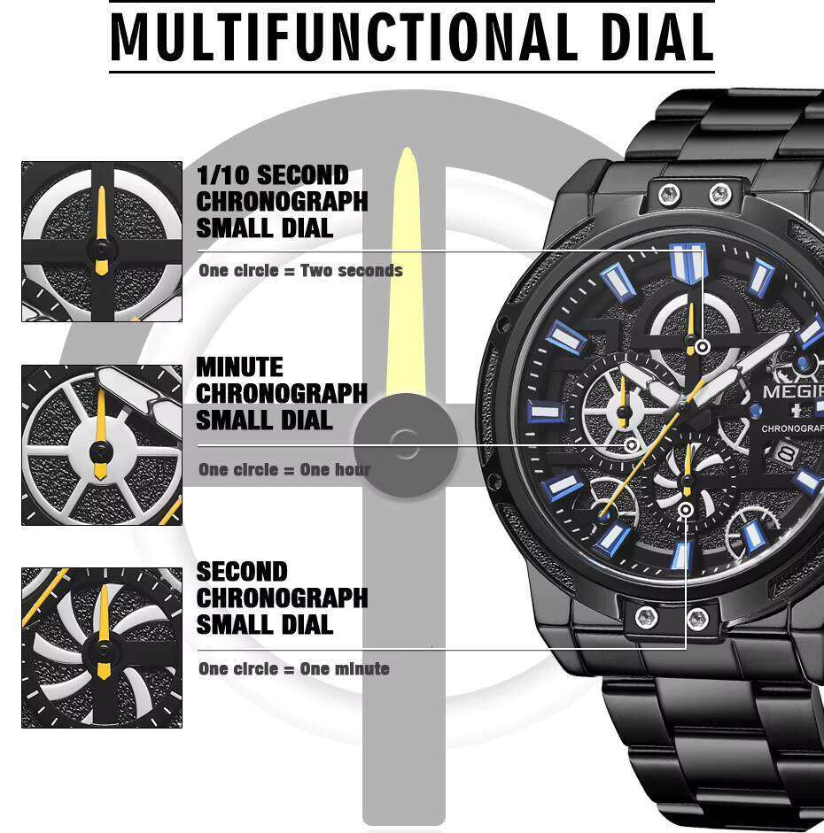MEGIR 2108 Mens Quartz Watch Black Stainless Steel Band Chronograph Calendar Luminous Hands Waterproof Casual Simple Style