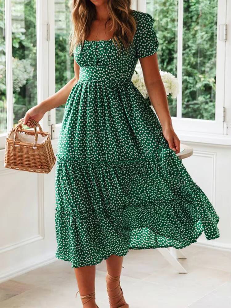 Summer Womens Beach Sweet Dresses Vestidos Vintage Print Puff Sleeve Casual Square Collar Floral Female Maxi Long Dress dongdumaoyi