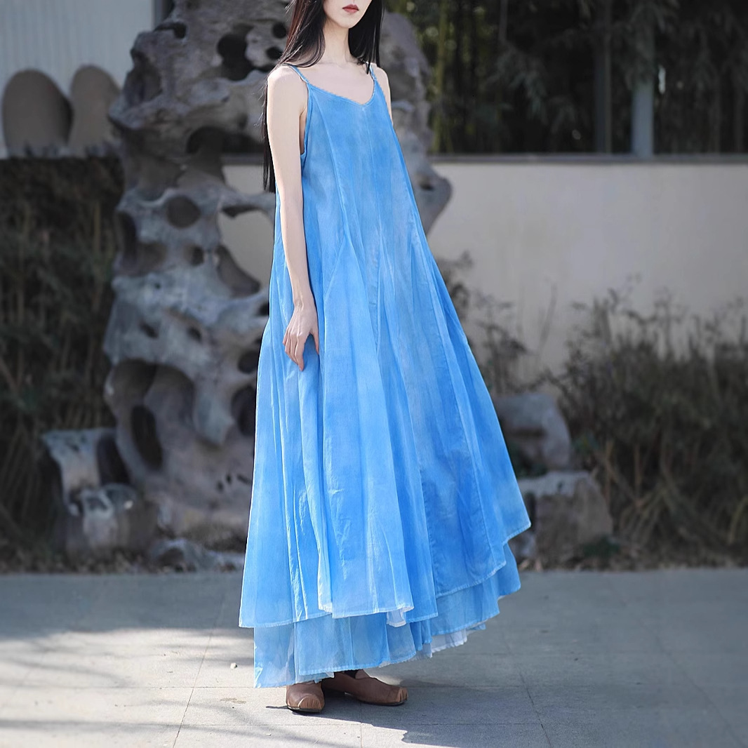 2025 25 DIY Plant-Dyed Spray-Dyed Strap Long Dress Irregular Large Hem Artistic Cool Blue