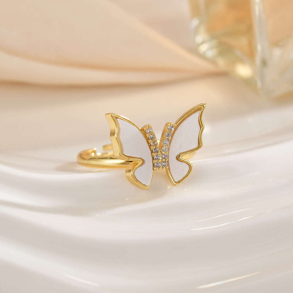 Fashion Versatile Copper Gold-Plated Butterfly Design Ring For Women With Micro-Paved Zircon, Light Luxury Niche High-End Jewelry 7Ac