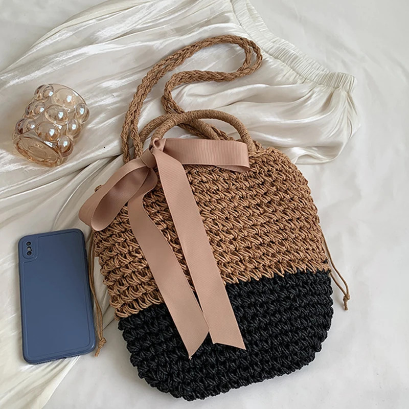 Bow Decors Bucket Shoulder Bags Handmade Straw Hollow out Bag Summer Female Travel Beach Bag Purse Vintage Handbags Bolsa 250714