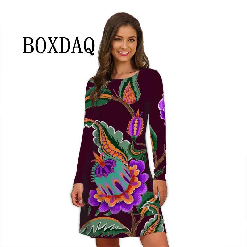 Flower Power Women Retro Hippie 60s Elegant Long Sleeve Loose Casual Fashion Oversized Autumn Woman Print Mini Dress dongdumaoyi