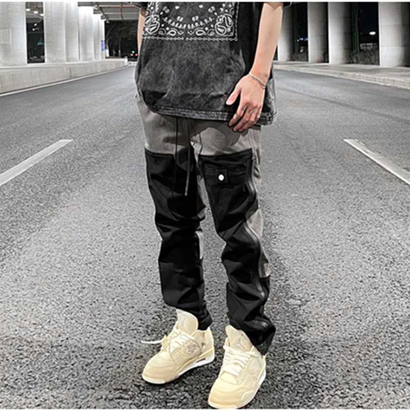 Ankle Zipper Color Block Streetwear Straight Casual Cargo Pants for Men Drawstring Harajuku Oversize Hip Hop Loose Trousers y250716