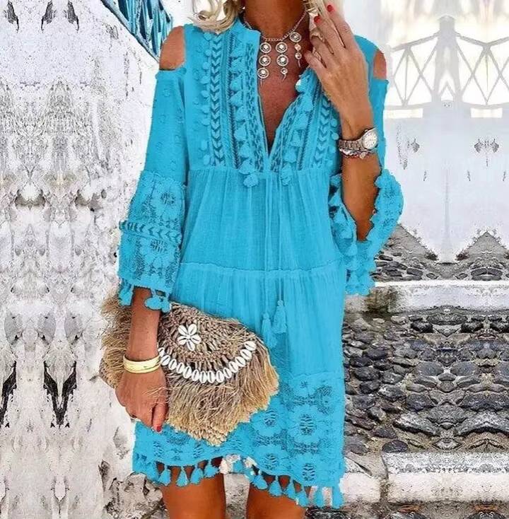 White Lace Fashion Eu Boho Mini Dress Women Autumn Pop Tassel Loose V Neck Dresses Lady Beach Female Clothing dongdumaoyi