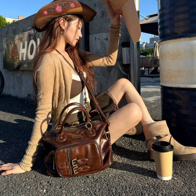 Vintage Leather Handle Women Backpacks Retro Brown Large Capacity Purse Ladies Hot Girls Y2k Bags Schoudertassen Dames Groot