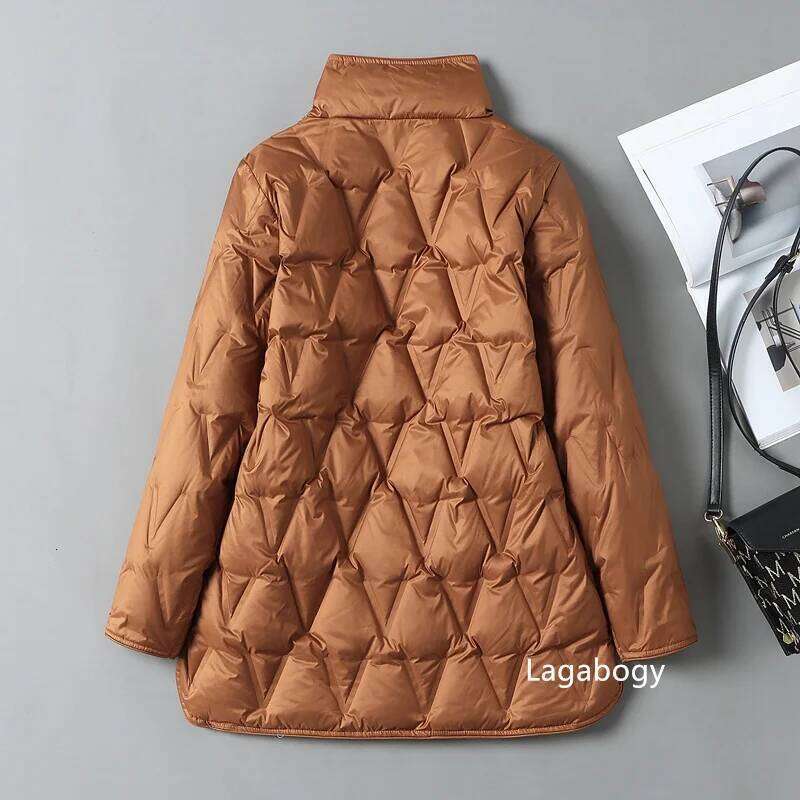 Lagabogy 2025 New Autumn Winter Women Ultralight White Duck Down Long Jacket Female Single-Breasted Double Sided Puffer Coat MDNG