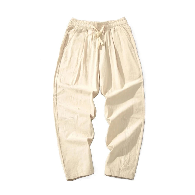 Summer Men Cotton Trousers Casual Solid Color Long Pants Breathable Drawstring Straight Streetwear Harem Pants Men Baggy Pants 250715