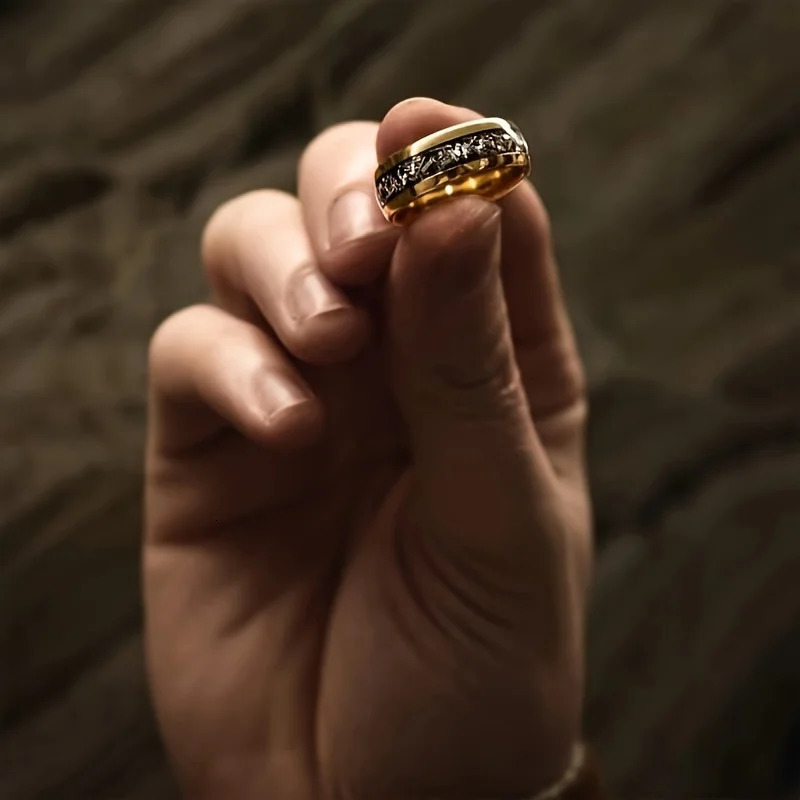 Fashion 8mm Men Stainless Steel Rings Inlay Meteorite Abalone Shell For Women Wedding Engagement Band Jewelry Gift 250715