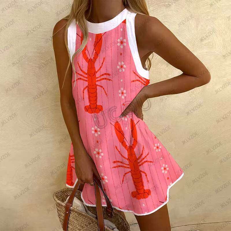 Summer New Fashion Pattern Printed Womens Sleeveless O-neck Loose Tank Dress Beach Vacation Party Bohemian Girl Dresses dongdumaoyi