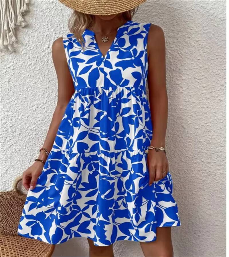 Spring summer 2024 European and n Ladies Elegant Dress Bohemian fashion loose V-neck ruffle print dress dongdumaoyi