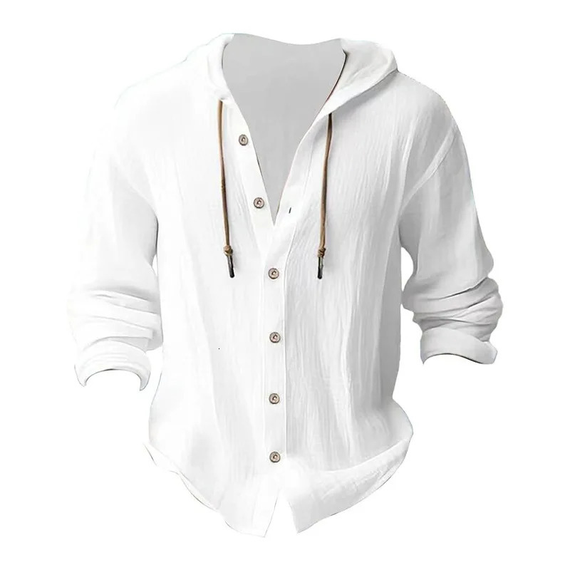 Mens solid color casual shirt hooded drawstring cotton and linen cardigan trendy and versatile loose beach T-shirt 250716