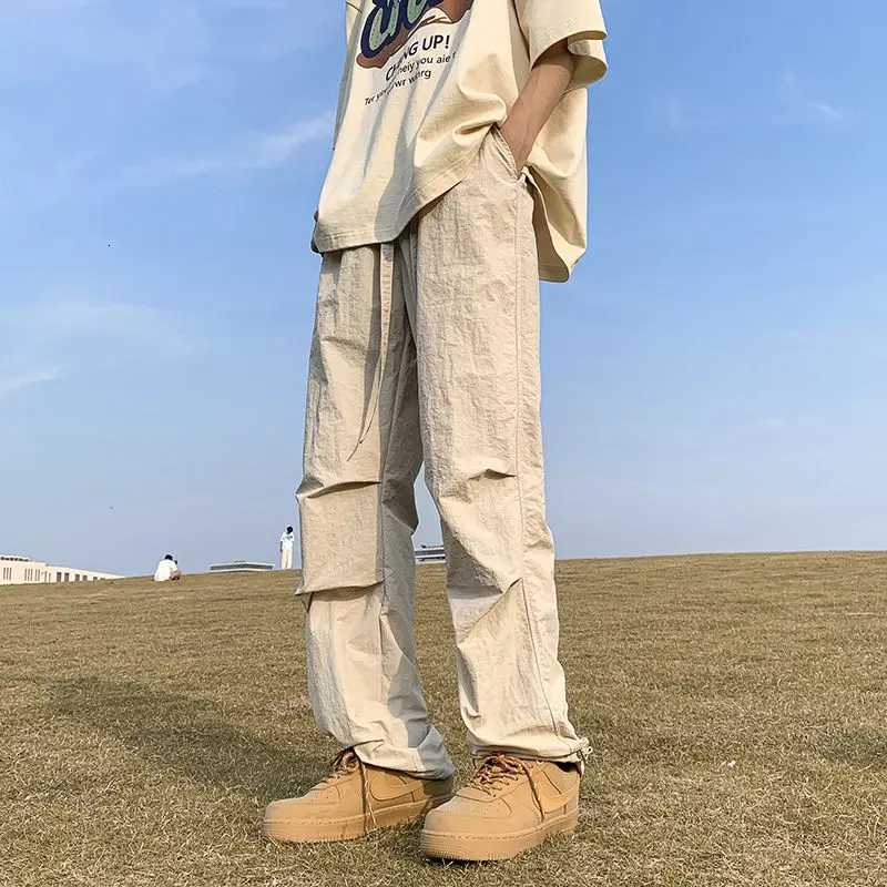 High Street Fashion Summer Casual Pants Men Solid Elastic Waist Drawstring Pocket Ice Silk Quick Drying Loose Straight Trousers y250716