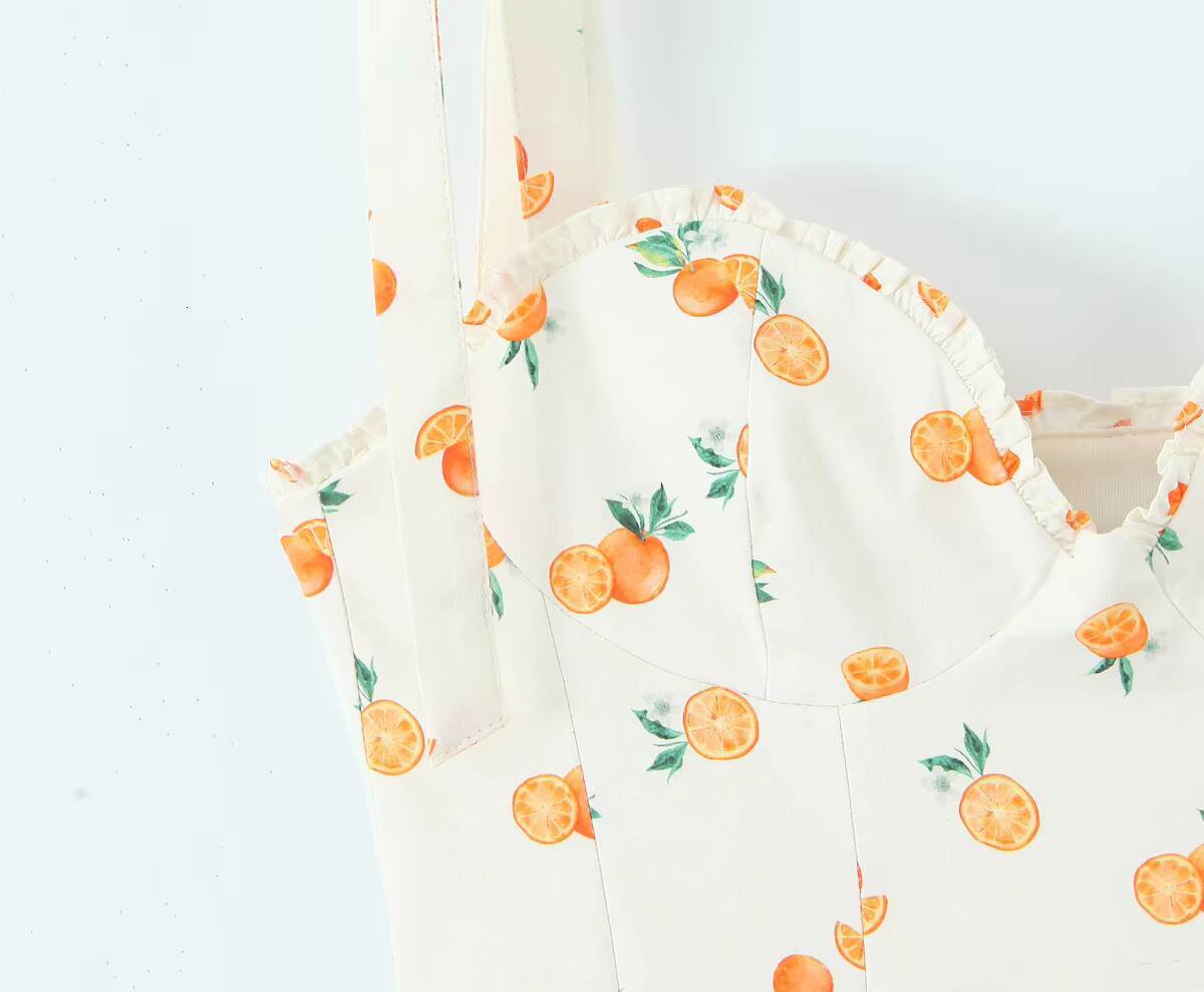 MYSTZA2025 new summer womens casual heart-shaped collar orange print poplin suspender dress short skirt dongdumaoyi