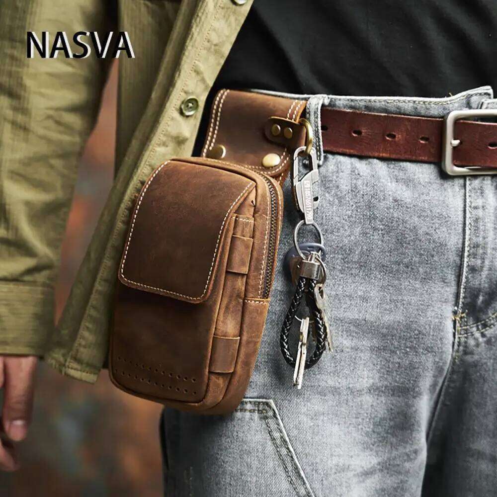 Genuine Leather Men's Multifunctional Mobile Phone Wearable Belt Waist Bag with Key Hanging Buckle