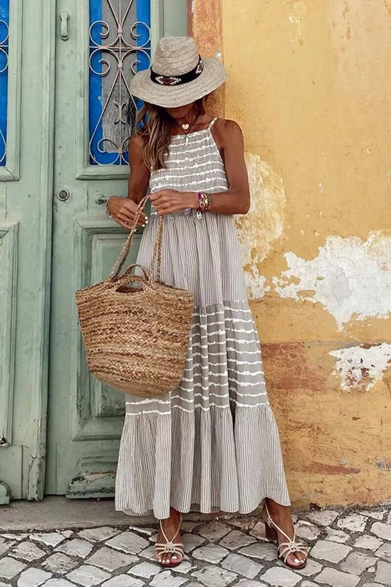 Maxi Long Dress Women Mom Boho Round Neck Sling Dresses Striped Sleeveless Summer Streetwear Print Loose Casual Vestidos dongdumaoyi