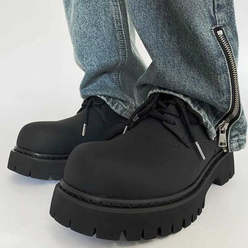 Mens Leather Shoes Black Thick Sole Round Toe Platform Mens Casual Derby Shoe Cowhide Classic Original Legitimate Designer Pu W250716