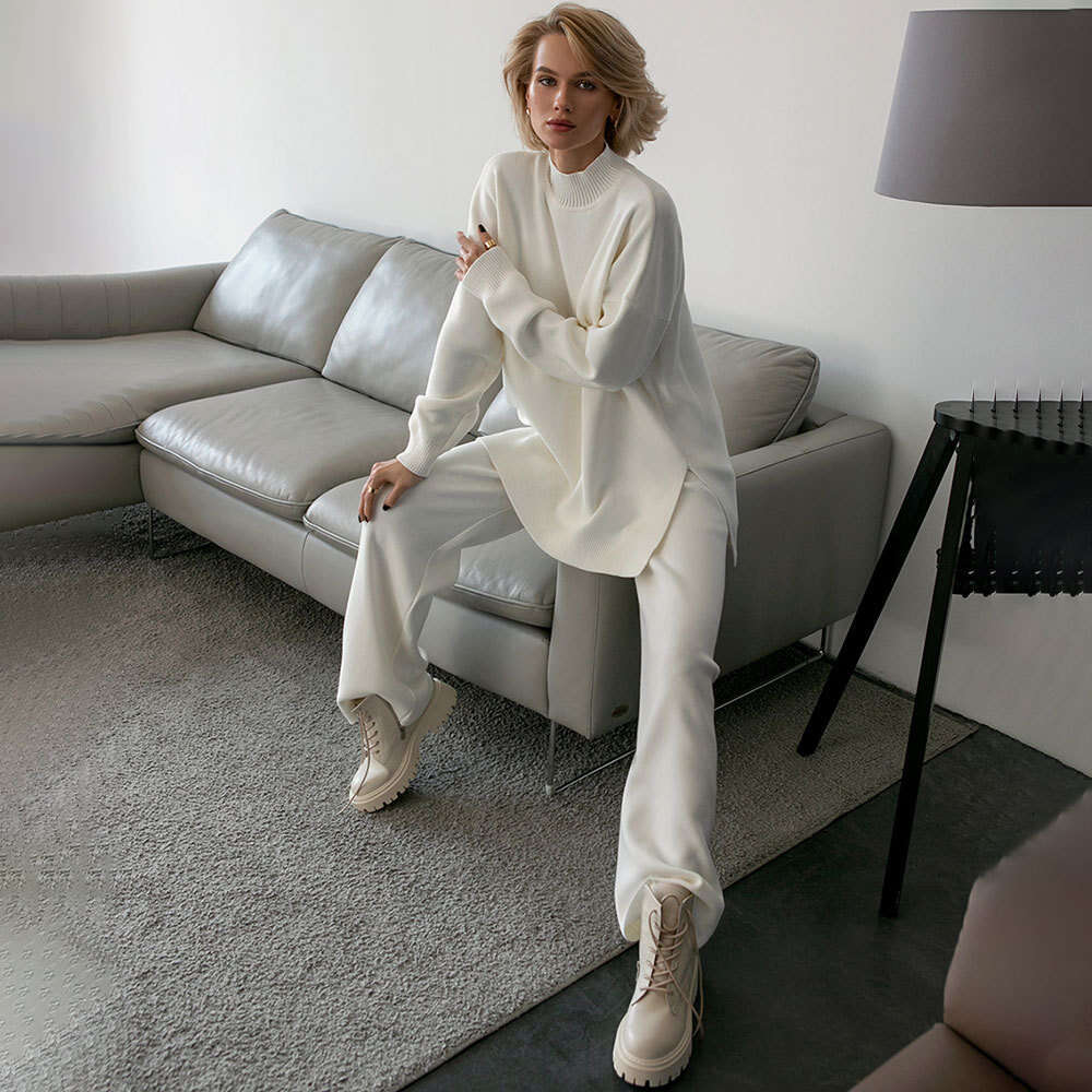 Solid Color Knitted High Neck Slit Women's Fashion Casual Lazy Sweater Set For Autumn And Winter B5