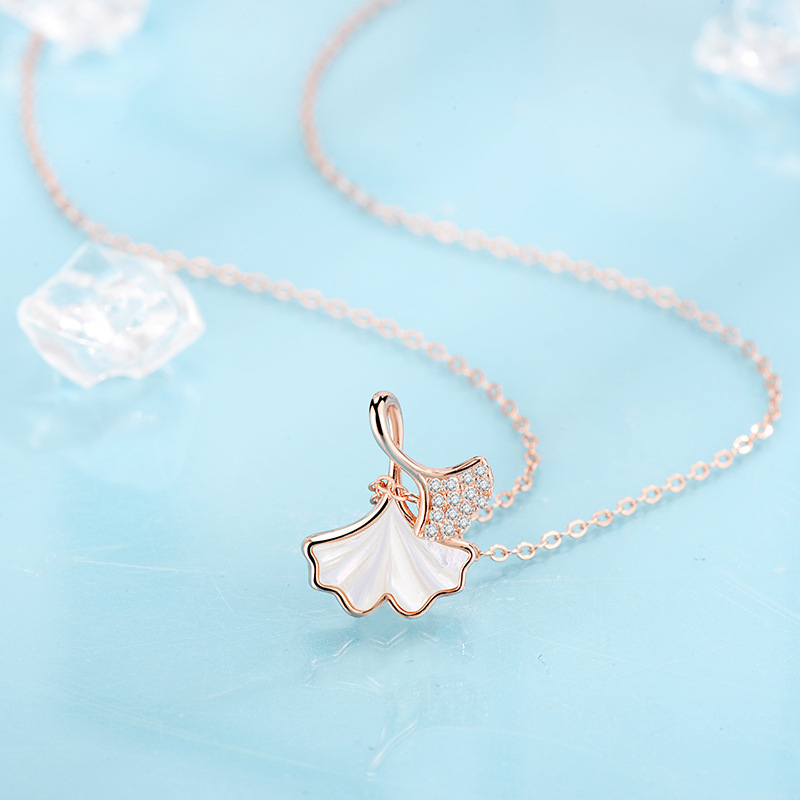Elegant Ginkgo Leaf Necklace With White Mother - of - Pearl And Rhinestone - Encrusted Accents In Silver Tone Ideal For Daily And Special Occasions fa
