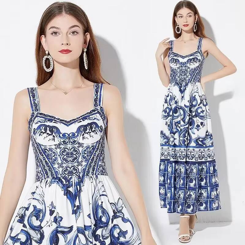 Summer French Vintage Long High-Waisted Elegant Socialite Style A- Line Ceramic Printing Waist-Length Dress dongdumaoyi