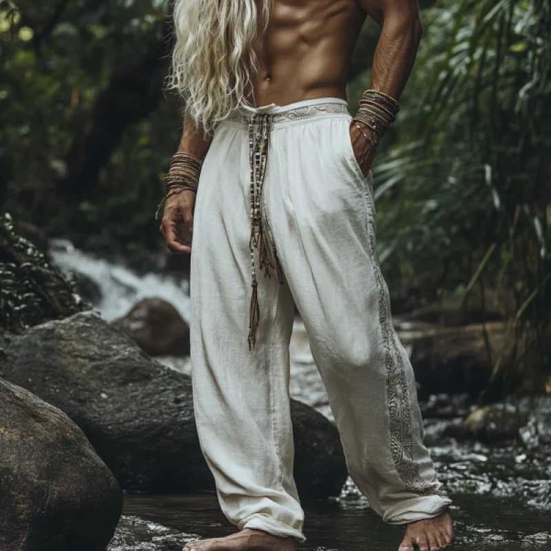 Mens Bohemian holiday style vintage ethnic totem print simple casual pants y250716