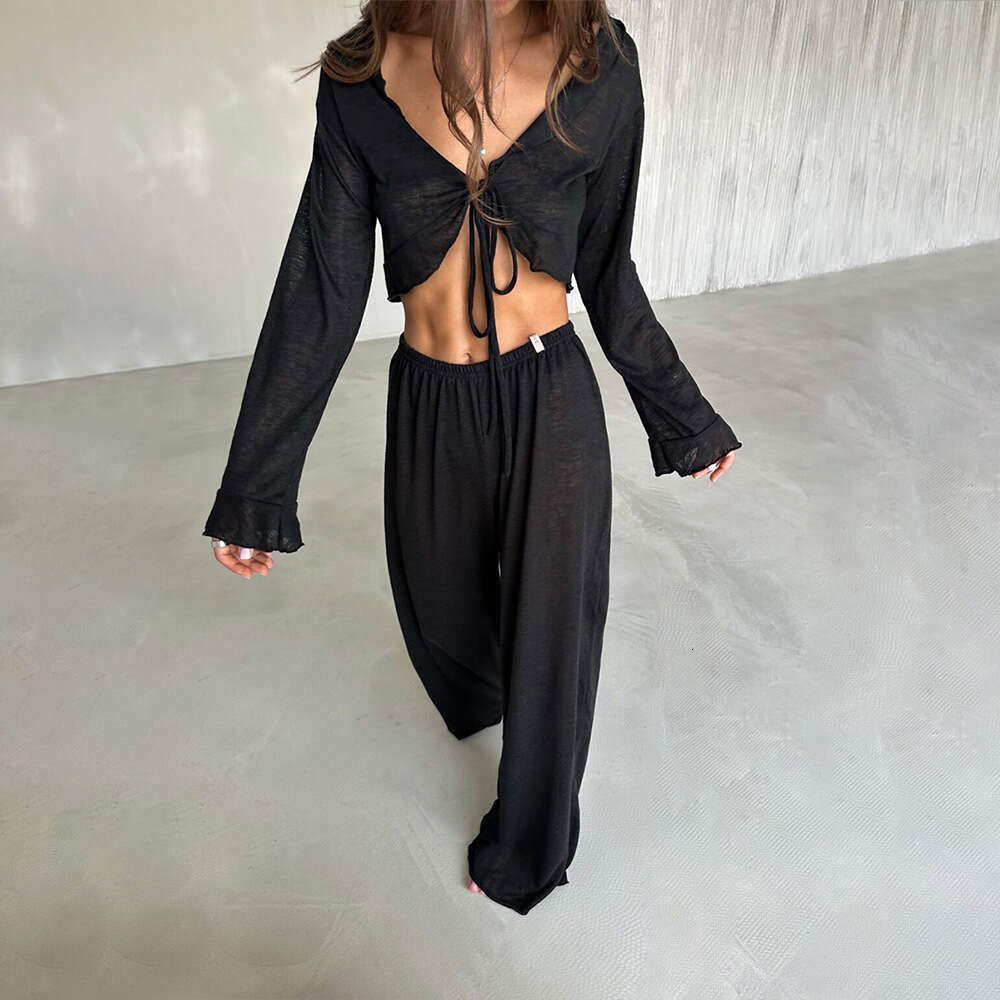Modal Pajama Set For Women Lazy Style Spring Summer New Sleeve Long Pants Sleepwear Casual Loose B5
