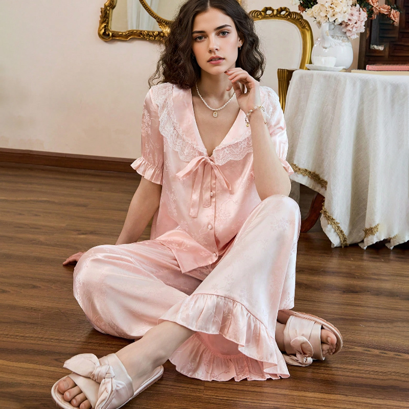 2025 New Women's Spring/Summer Silk Satin Lace Trim Bow Short Sleeve Long Pants Pajama Set Homewear