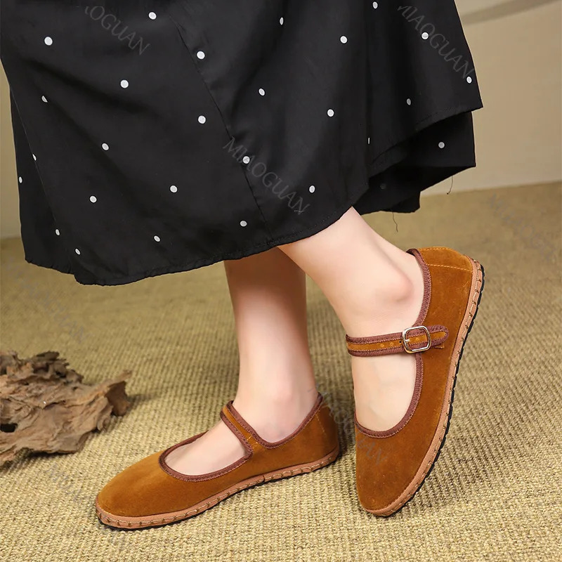 Retro Flat Suede Shoes for Women Casual Spring Belt Buckle Strap Womens Flats Solid Round Toe Shallow Soft Bottom Ladies Shoes 250712