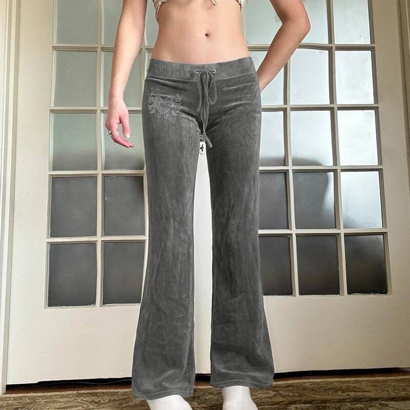 Rockmore Retro Rhinestone Flare Veet Drawstring Casual Trouser Streetwear Cute Bottoms Y2k Aesthetic 2000S Women's Pants