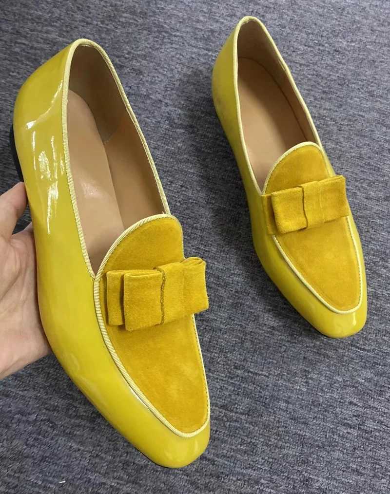 New Yellow Patent Leather Shoes Fashion Bowtie Loafer Mens Dress Shoes Handmade Slip On Mens Casual Shoes Party And Prom Shoes W250716