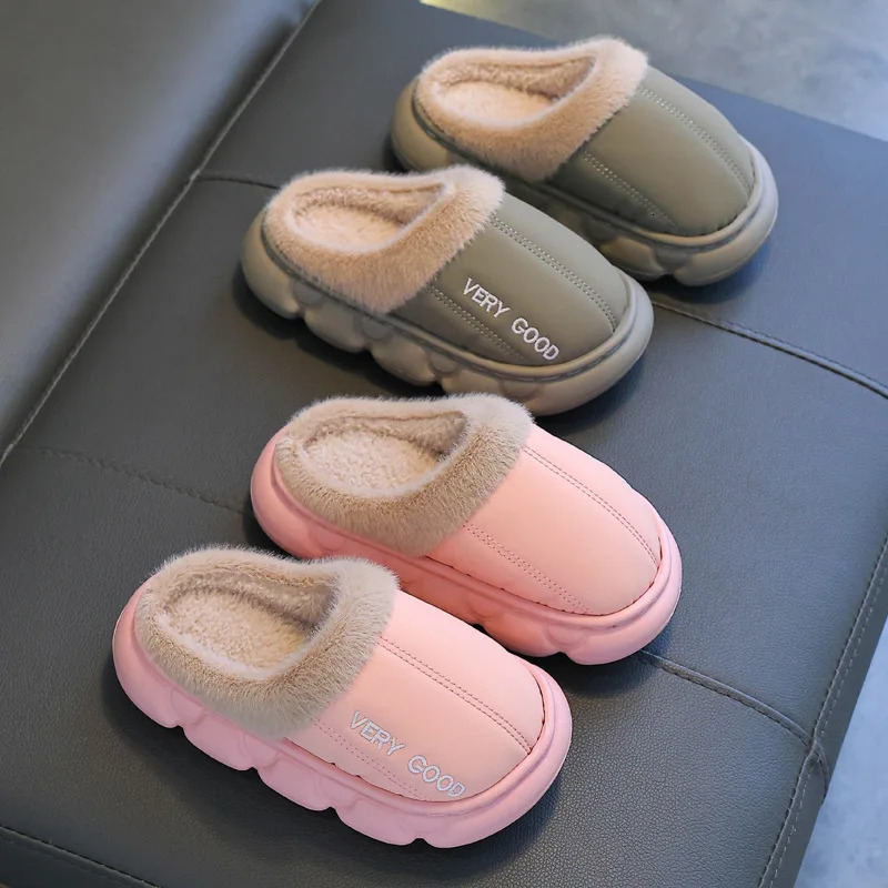 Childrens PU Leather Plush Slippers Soft Sole Non-slip Winter Warm Baby Boys Girls Indoor Home Cotton Shoes 250716