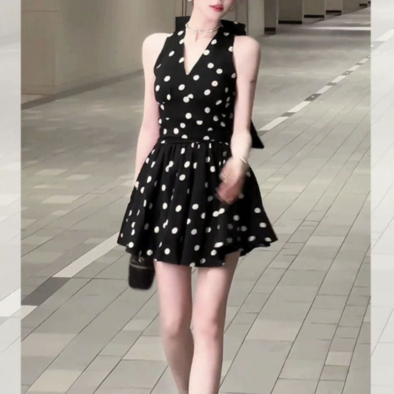 2025 French Style Bow V-neck Polka Dot Sleeveless Dress for Women Summer New Waist Slimming A-line Short