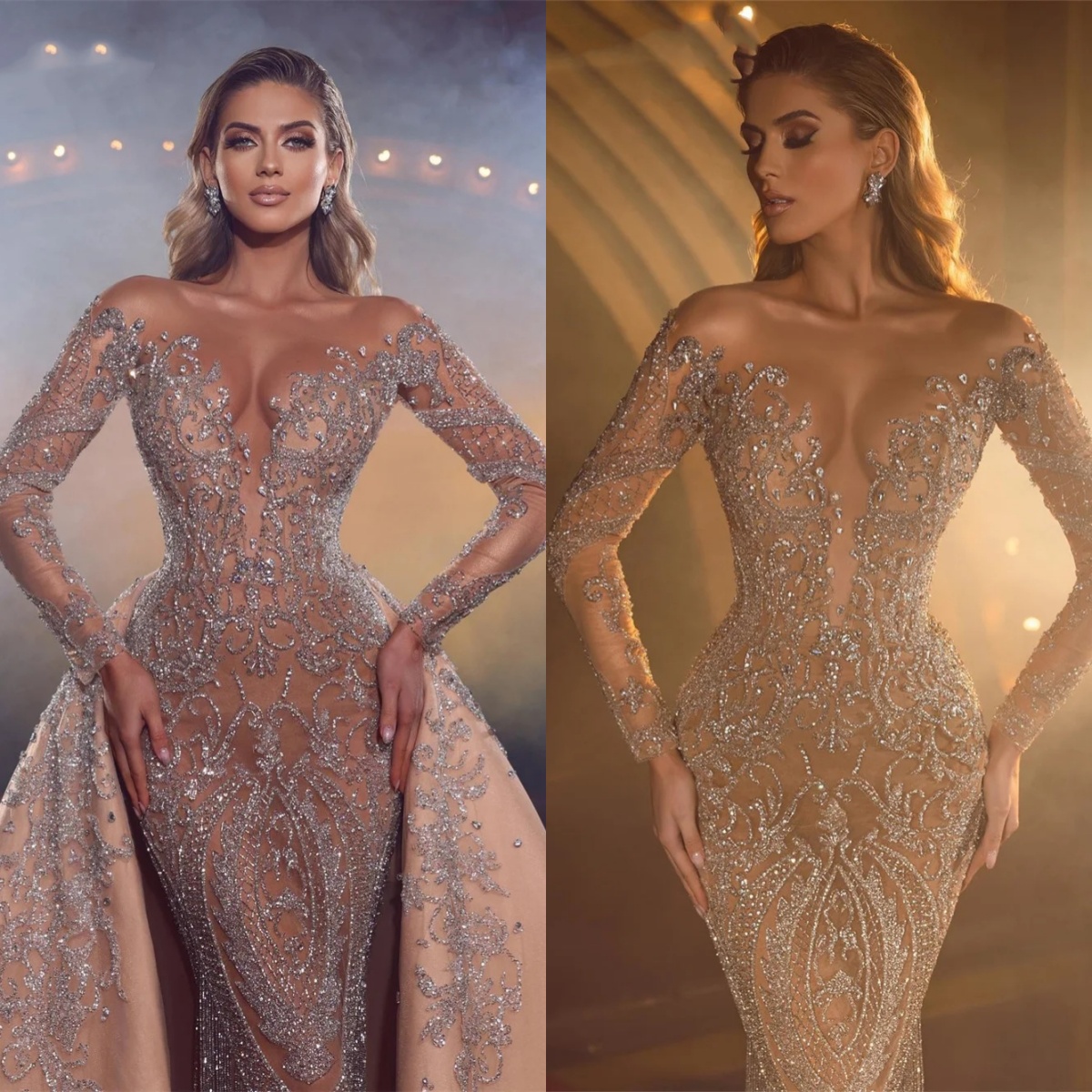 Gorgeous Crystal Mermaid Wedding Dresses O Neck Beaded Sequins Long Sleeve Bride Dress Detachable Sweep Train Bridal Dress Customized