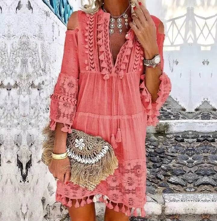White Lace Fashion Eu Boho Mini Dress Women Autumn Pop Tassel Loose V Neck Dresses Lady Beach Female Clothing dongdumaoyi