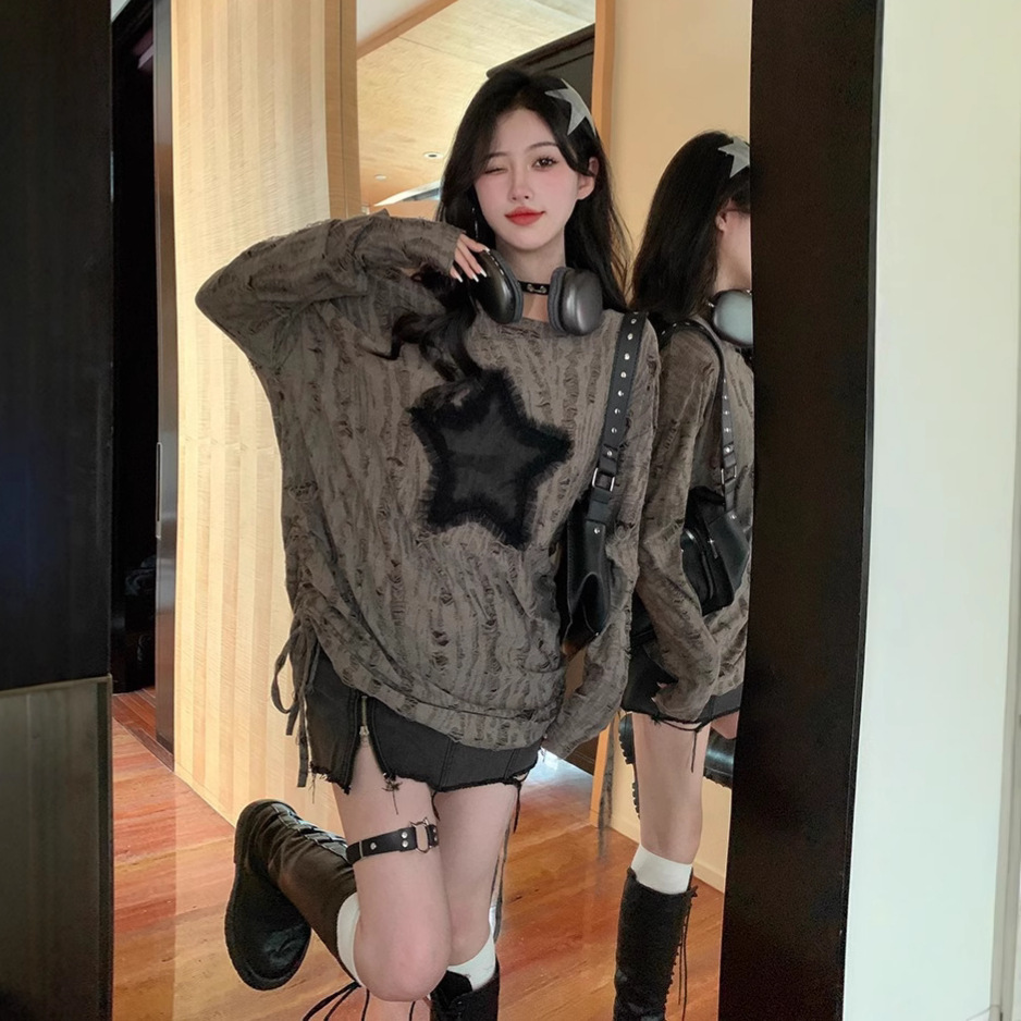 Summer New Women S T Shirt Spicy Girl Lazy Ripped Off Shoulder Long Sleeve T Shirt Women S Autumn Star Design Loose Drawstring Mid Length Top New Desi