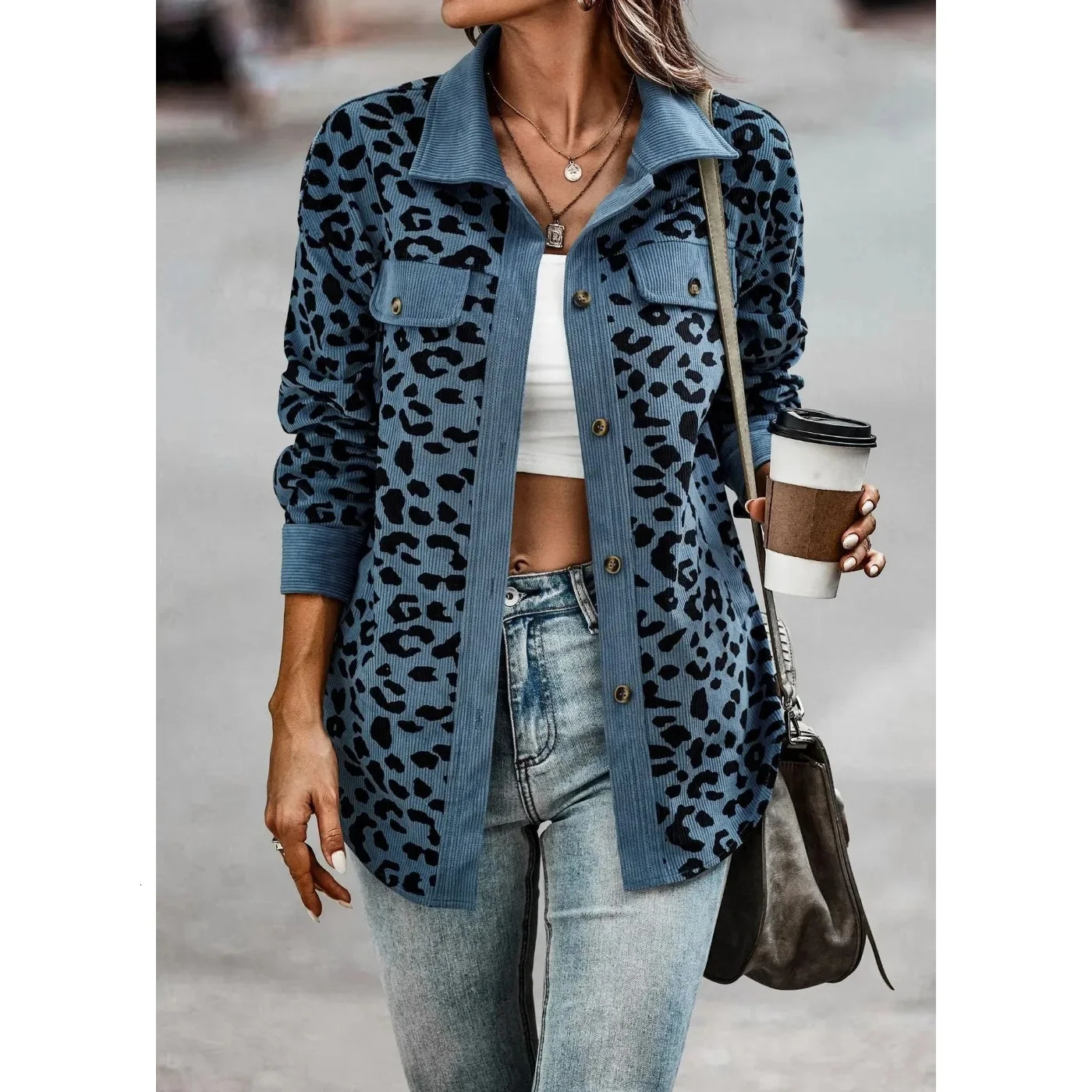Autumn And Winter Fashion Leopard Print Button Long Sleeve Jacket Woman 250715
