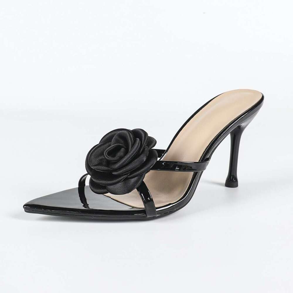 Pointed Toe Patent Leather Three-Dimensional Flower Stiletto Sandals Women's Shoes Black High Heels