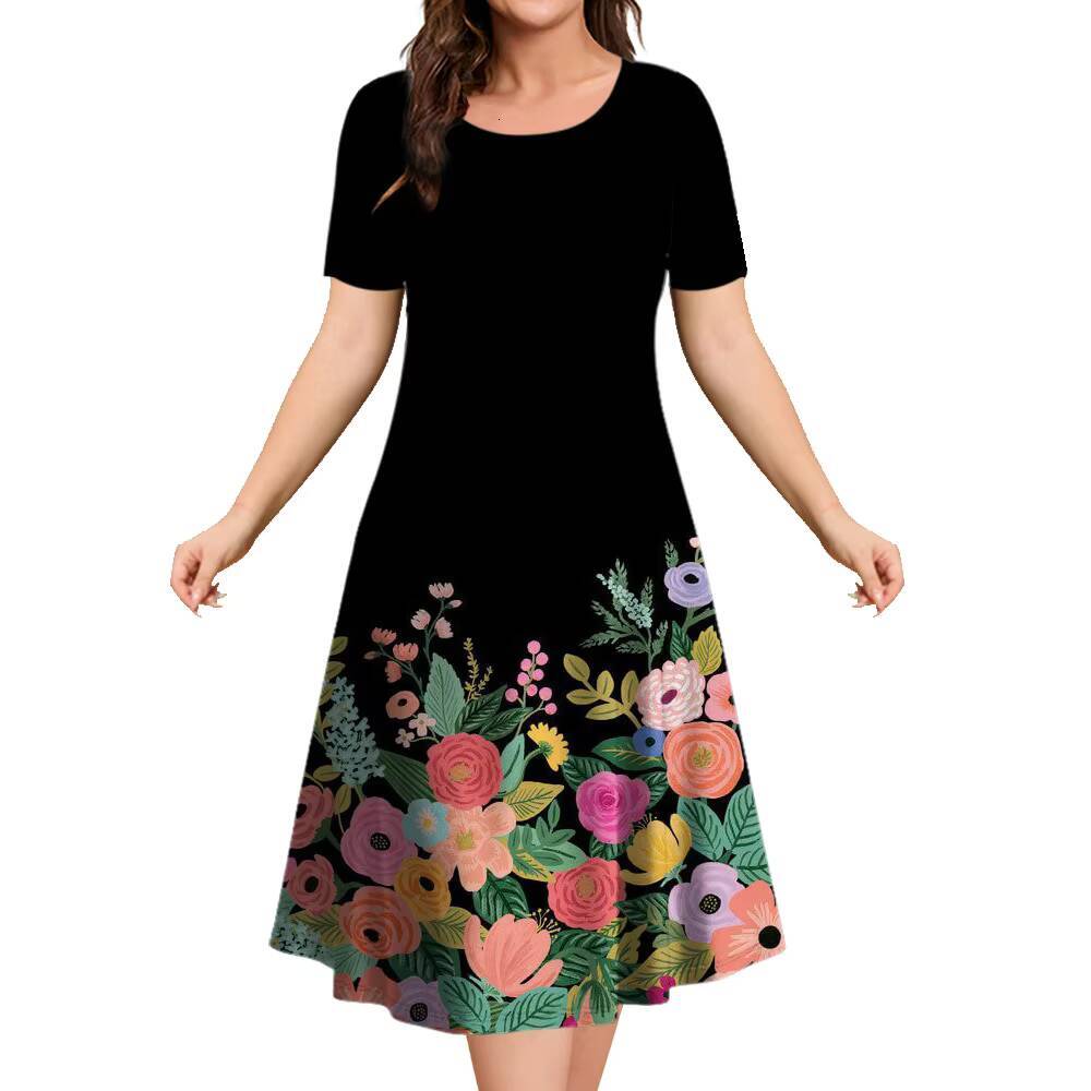 2024 New Floral Graphic Print Womens Elegant Midi Summer Dresses Plus Size Female Fashion Free Shipping dongdumaoyi