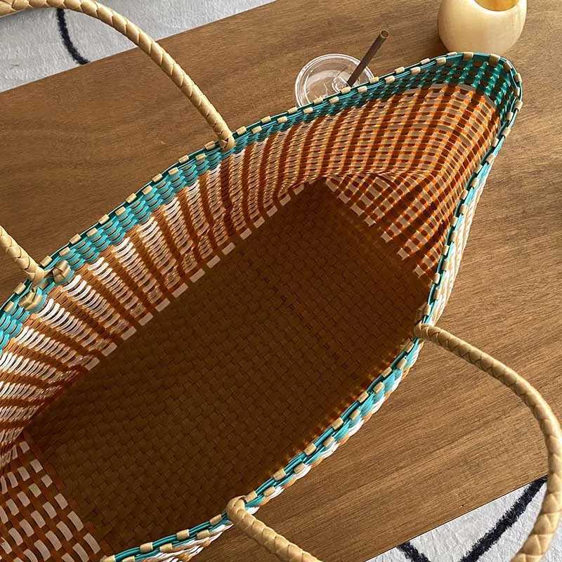 Hylhexyr Woman Woven Beach Bag Color Block Large Capacity Vegetable Basket Tote Bags Hand Woven Handbag