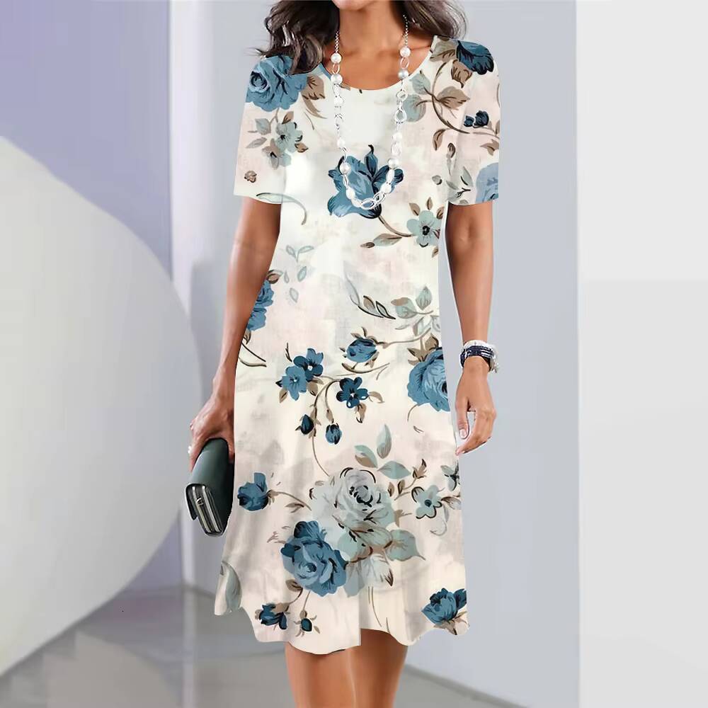 2024 Womens Floral Print Summer Elegant Midi Dresses Female Short Sleeve Dress Fashion Oversized Clothes dongdumaoyi