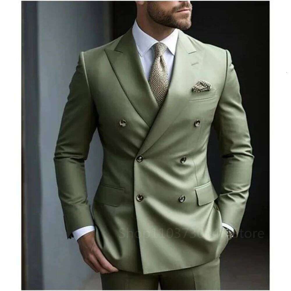 Solid 2 Pieces Men Set Fashion New Men's Formal Business/Wedding Groom Suits Peak Lapel Double Breasted Blazer Trousers