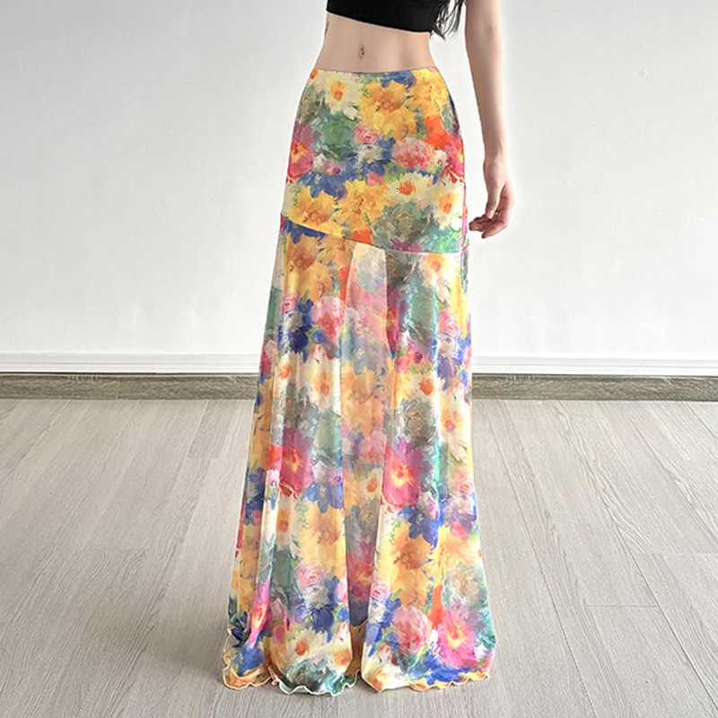2025 Summer Color Oil Painting Style Gradient Print Mesh Bodycon Skirt for Women Color-Block Slimming Ruffled Hem Midi