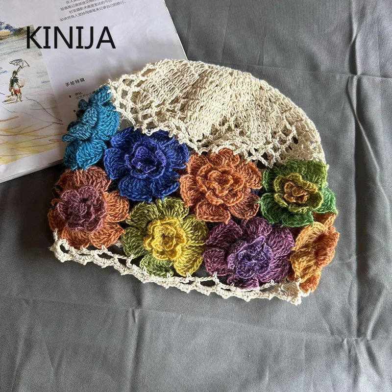Baotou Cap Japanese Spring Literary Artistic Colorful Flower Hollow Bag Head Hat Women Sweet Fashion Hand-crocheted Beanie Cap 250715